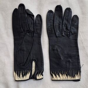 Vintage French Black Leather Gloves Signed Inside French Language Rare Find